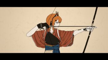 Rule 34 | 1girl, a.i. voice, adachi rei, aiming, alternate costume, android, archery, arrow (projectile), blue hakama, bow (weapon), brown background, closed mouth, drawing bow, gloves, hakama, headlamp, headphones, highres, holding, holding arrow, holding bow (weapon), holding weapon, index finger raised, japanese clothes, joints, kaniebiuni, kimono, kyuudou, letterboxed, looking to the side, manimani (vocaloid), medium hair, muneate, orange eyes, orange hair, partially fingerless gloves, partly fingerless gloves, profile, radio antenna, red kimono, robot joints, serious, short sleeves, single glove, solo, tasuki, upper body, utau, weapon, yugake, yumi (bow)