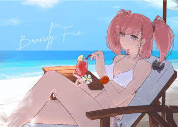 1girl anchor_hair_ornament atlanta_(kancolle) beach bikini breasts brown_hair closed_mouth cloud commentary_request cup day drinking_straw earrings flower hair_ornament holding holding_cup jewelry kantai_collection looking_at_viewer mai_(maika_04) medium_breasts ocean outdoors reclining side-tie_bikini_bottom sitting sky solo star_(symbol) star_earrings swimsuit two_side_up white_bikini white_flower