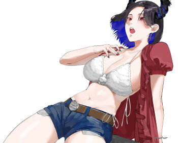 1girl bikini black_hair black_horns breasts colored_inner_hair cosplay cutoffs denim denim_shorts earrings exposed_pocket highres hololive hololive_english horns jewelry kwon_eun-bi kwon_eun-bi_(cosplay) large_breasts mole mole_under_eye multicolored_hair navel nerissa_ravencroft open_mouth photo-referenced red_eyes red_shirt semasemaphor shirt short_shorts shorts simple_background solo swimsuit virtual_youtuber white_background white_bikini