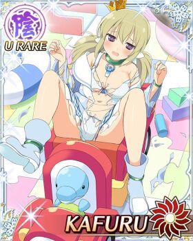 1girl :o blonde_hair blue_shoes blush border bra breasts card_(medium) character_name choker cleavage crown crying dress game_cg gold_crown green_choker hair_ornament kafuru_(senran_kagura) low_twintails medium_breasts medium_hair mini_crown navel official_art panties polka_dot polka_dot_bra polka_dot_panties purple_eyes senran_kagura senran_kagura_new_wave shoes short_twintails solo spread_legs stuck_in_a_box tearing_up tears torn_bra torn_clothes torn_dress torn_panties toy toy_train twintails underwear whistle whistle_around_neck white_bra white_panties yellow_pupils