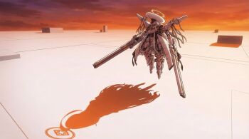 1girl android armored_boots armored_core blue_archive boots decagrammaton_(blue_archive) halo highres kisaragi_shokuin long_hair malkuth_(blue_archive) shadow spoilers sunset very_long_hair white_glint white_hair yume_(blue_archive)