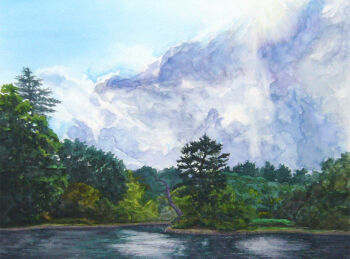 cloud cloudy_sky forest nature no_humans okasira original painting_(medium) real_world_location river scenery sky traditional_media tree watercolor_(medium)