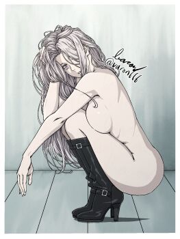 1girl baron_(varon666) boots breasts fuuto_tantei high_heel_boots high_heels highres kamen_rider kamen_rider_w knee_boots large_breasts long_hair looking_at_viewer naked_boots purple_eyes purple_hair sideboob solo squatting tokime_(fuuto_tantei) varon