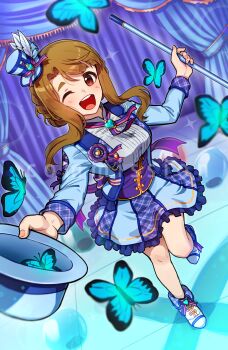 1girl blue_hat blue_jacket blue_skirt blush boots brown_eyes brown_hair bug butterfly cane commission cosplay frilled_skirt frills hat hat_feather highres holding holding_cane holding_unworn_clothes holding_unworn_hat idolmaster idolmaster_million_live! idolmaster_million_live!_theater_days insect jacket kamille_(vcx68) legs long_hair long_sleeves looking_at_viewer makabe_mizuki makabe_mizuki_(cosplay) mini_hat miyao_miya one_eye_closed open_clothes open_jacket open_mouth plaid_clothes plaid_skirt shirt sidelocks skirt smile solo sparkle stage standing standing_on_one_leg teeth thick_eyebrows top_hat unworn_hat unworn_headwear upper_teeth_only watermark white_boots white_shirt