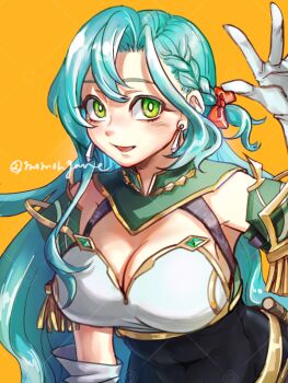 1girl aqua_hair armor bodystocking bow braid breastplate breasts chloe_(fire_emblem) cleavage covered_navel dress earrings elbow_gloves fire_emblem fire_emblem_engage gloves green_eyes hair_ornament jewelry large_breasts long_hair looking_at_viewer momongame_17 nintendo open_mouth orange_bow shoulder_armor side_braid smile solo teardrop_earrings upper_body very_long_hair white_gloves