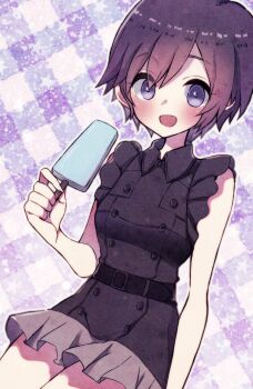 1girl belt black_belt black_hair black_shirt blue_eyes blush commentary_request eyelashes food grey_skirt highres holding holding_food holding_popsicle kingdom_hearts open_mouth outline popsicle shirt short_hair skirt sleeveless sleeveless_shirt smile solo star_(symbol) totoma white_outline xion_(kingdom_hearts)