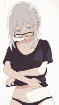 1girl animated animated_gif asutora asutora-chan black-framed_eyewear black_panties black_shirt blue_eyes bouncing_breasts breasts closed_mouth glasses groin inverted_nipples large_breasts looking_at_viewer navel nipples original panties shirt short_sleeves solo standing t-shirt underboob underwear undressing white_hair