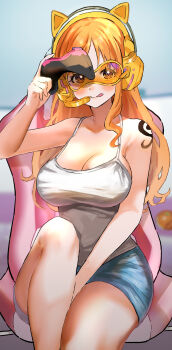 1girl absurdres animal_ear_headphones animal_ears bare_arms bare_legs blue_shorts blurry blurry_background blush breasts cat_ear_headphones cat_ears chair cleavage commentary_request controller fake_animal_ears feet_out_of_frame game_controller gaming_chair headphones headset highres holding holding_controller knee_up large_breasts long_hair looking_at_viewer nami_(one_piece) official_alternate_costume one_piece orange-tinted_eyewear orange_eyes orange_hair short_shorts shorts shoulder_tattoo single_sidelock sitting solo spaghetti_strap swivel_chair tank_top tattoo tinted_eyewear tongue tongue_out unamaru_67159 wavy_hair white_tank_top