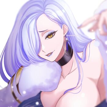 1girl bare_shoulders blue_lips breasts choker cleavage collarbone commentary_request dress earrings eyeliner fate/grand_order fate_(series) grey_dress hair_over_one_eye highres hoop_earrings jacket jewelry kawairuka_ko large_breasts long_hair long_sleeves looking_at_viewer makeup mrs._snake_(fate) off_shoulder open_mouth revision smile solo sweater sweater_dress white_hair white_jacket yellow_eyes