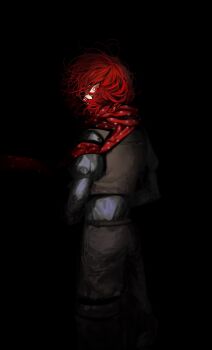 1boy absurdres black_background black_jacket covered_mouth cowboy_shot cropped_jacket floating_clothes floating_hair grey_shirt highres ice0_eci identity_v jacket looking_at_viewer looking_back male_focus medium_hair polka_dot polka_dot_scarf puffy_pants puffy_sleeves red_eyes red_hair red_scarf scarf shirt sleeveless sleeveless_jacket solo weeping_clown_(identity_v)