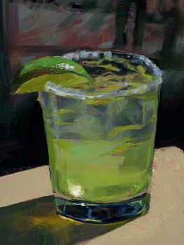 cup food food_focus fruit highres lime_(fruit) lime_slice no_humans on_table original painterly refraction table twulfs