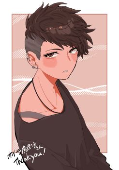 1girl black_shirt blush blush_stickers border brown_eyes brown_hair collarbone commentary_request commission ear_piercing earrings eyelashes highres jewelry koucha_(pankeki_koucha) looking_at_viewer original piercing pixiv_commission shirt short_hair solo thank_you tomboy undercut upper_body very_short_hair white_border