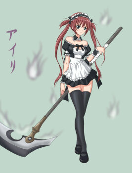 Rule 34 | airi (queen's blade), an-bl, bare shoulders, breasts, green eyes, highres, long hair, maid, maid headdress, queen's blade, red hair, ribbon, scythe, thighhighs, twintails