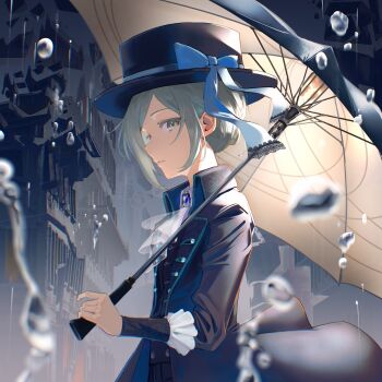 0gen3_illust 1girl absurdres ascot black_coat black_hat black_umbrella blue_bow blue_gemstone blue_ribbon blurry bow coat collared_coat commentary_request cowboy_shot depth_of_field frilled_sleeves frills from_side gem grey_eyes grey_hair hat hat_bow hat_ribbon highres holding holding_umbrella long_sleeves looking_at_viewer outdoors parted_bangs parted_lips profile rain reverse:1999 ribbon solo umbrella vertin_(reverse:1999) white_ascot