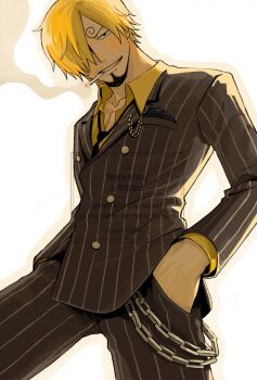 1boy allout blonde_hair blush collared_shirt curly_eyebrows facial_hair goatee hair_over_one_eye hands_in_pockets highres male_focus mustache one_piece sanji_(one_piece) shirt short_hair smile smoke solo vertical-striped_suit yellow_shirt