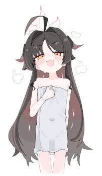 1girl ahoge bare_shoulders black_hair blue_archive blush covered_navel cropped_legs fang hair_intakes halo horns kasumi_(blue_archive) loli long_hair looking_at_viewer naked_towel narrow_hips open_mouth simple_background skin_fang smile solo spacecrab steam sweat towel very_long_hair white_background yellow_eyes