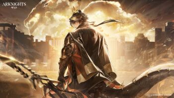 1boy arknights black_gloves black_hair black_jacket brown_eyes building chongyue_(arknights) closed_mouth commentary copyright_name copyright_notice daniel_deng dragon_boy dragon_horns dragon_tail elbow_gloves english_commentary from_behind gloves highres horns jacket long_hair looking_at_viewer looking_back male_focus multicolored_hair official_art outdoors parted_bangs sky solo streaked_hair tail