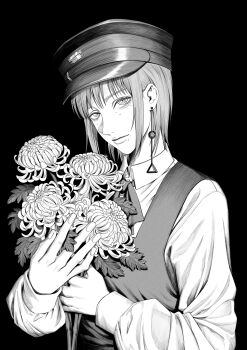 1girl absurdres bouquet chainsaw_man closed_mouth collared_shirt commentary_request dress earrings fami_(chainsaw_man) flower fourth_east_high_school_uniform greyscale hat highres holding holding_bouquet jewelry kiunchiku long_sleeves looking_at_viewer medium_hair mole mole_under_eye monochrome multiple_moles peaked_cap pinafore_dress ringed_eyes school_uniform shirt sleeveless sleeveless_dress solo