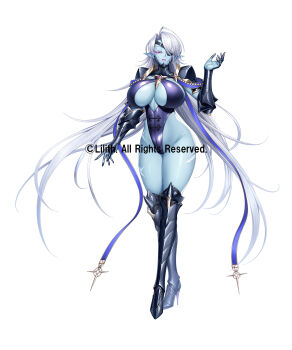Rule 34 | 1girl, armor, ass, beelzebub (taimanin series), black leotard, blue skin, breasts, cleavage, colored skin, copyright name, curvy, demon girl, eyepatch, full body, grey hair, highleg, highleg leotard, highres, kwata kuwa, large breasts, leotard, lilith-soft, lips, long hair, looking at viewer, official art, parted lips, pointy ears, red eyes, revealing clothes, shiny skin, shoulder armor, simple background, smile, solo, taimanin (series), taimanin rpgx, thong leotard, very long hair, white background, wide hips