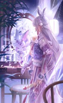 1girl animal animal_print artist_request bare_shoulders blinders chair chinese_clothes clothed_animal cloud_print collared_shirt curtains detached_sleeves different_reflection drawer earrings feet_out_of_frame food frilled_vest frills fur-trimmed_sleeves fur-trimmed_vest fur-trimmed_wrist_cuffs fur_trim game_cg ghost_liar_(shining_nikki) grey_hair hair_ears hair_ornament hair_ribbon hand_on_own_chest high-waist_skirt high_collar highres holding holding_food indoors jewelry lantern light_particles long_hair long_skirt long_sleeves looking_at_reflection mandarin_collar mirror night night_sky nikki_(series) official_alternate_color official_art paper_lantern pink_ribbon pink_skirt plant pointy_nose pom_pom_(clothes) pom_pom_hair_ornament potted_plant purple_sleeves purple_vest purple_wrist_cuffs rabbit rabbit_print reflection ribbon shining_nikki shirt skirt sky smoke snow_woven_(shining_nikki) stool tassel tassel_earrings very_long_hair vest wrist_cuffs