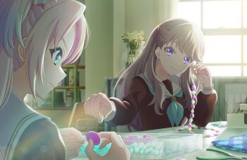 2girls backlighting blonde_hair blue_eyes blue_hair brown_hair closed_mouth clubroom flower fujishima_megumi game_cg gradient_hair hair_flower hair_ornament highres holding holding_string indoors light_blue_hair light_frown link!_like!_love_live! long_hair long_sleeves looking_at_another love_live! mira-cra_park! multicolored_hair multiple_girls official_art osawa_rurino pink_flower purple_eyes sitting smile string table third-party_source twintails two_side_up v-shaped_eyebrows vase virtual_youtuber window