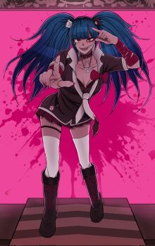 Rule 34 | 1girl, amemiya darumi, bear hair ornament, black boots, black choker, black eyes, black hair, black shirt, blood, blue hair, boots, bow, breasts, choker, cleavage, cosplay, danganronpa: trigger happy havoc, danganronpa (series), enoshima junko, enoshima junko (cosplay), freckles, hair bow, hair ornament, highres, long hair, myeternal moon, necktie, pink blood, pointing, pointing at viewer, shirt, skirt, smile, solo, the hundred line -last defense academy-, twintails