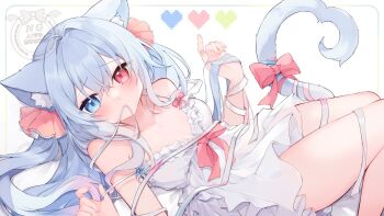 1girl animal_ears bare_arms bare_shoulders bed_sheet blue_eyes bow cat_ears cat_girl cat_tail collarbone commentary_request commission dress feet_out_of_frame fukunoki_tokuwa grey_hair hair_between_eyes heart heart_tail heterochromia highres indie_virtual_youtuber kanzaki_ririka long_hair lying mouth_hold on_back pink_bow pixelated red_eyes ribbon ribbon_in_mouth simple_background skeb_commission sleeveless sleeveless_dress solo tail tail_bow tail_ornament very_long_hair virtual_youtuber white_background white_ribbon