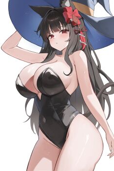 1girl absurdres adjusting_clothes adjusting_headwear animal_ear_fluff animal_ears arm_up artist_request bare_shoulders black_hair black_hat black_leotard blush breasts cleavage collarbone commentary_request commission covered_navel groin hair_intakes hair_ornament hat highres korean_commentary large_breasts large_hat leotard long_hair looking_ahead mole mole_under_eye original parted_lips red_eyes second-party_source sideboob sidelocks simple_background solo standing strapless strapless_leotard sweat tassel tassel_hair_ornament thighs two-sided_fabric two-sided_headwear very_long_hair white_background witch_hat