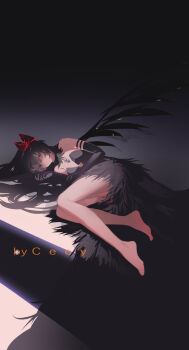 1girl akemi_homura akuma_homura armlet artist_name bare_legs bare_shoulders barefoot black_background black_collar black_dress black_gloves black_hair black_wings bow ceey center_opening chinese_commentary closed_mouth collar commentary_request detached_collar dress elbow_gloves expressionless eyes_visible_through_hair feather-trimmed_dress feathered_wings feet full_body gloves hair_between_eyes hair_bow hair_spread_out hairband high_collar highres jewelry light_frown long_dress long_hair lying mahou_shoujo_madoka_magica mahou_shoujo_madoka_magica:_hangyaku_no_monogatari on_side on_table purple_eyes red_bow red_hairband solo spread_wings strapless strapless_dress table tailcoat toes very_long_hair wings