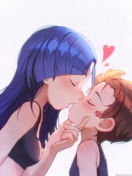 2girls absurdres age_difference blue_hair blush breasts brown_hair closed_eyes female_focus heart hetero highres kiss loli long_hair medalist_(manga) multiple_girls najucaju_naju okazaki_iruka onee-loli short_hair simple_background small_breasts sports_bra upper_body white_background yuitsuka_inori yuri