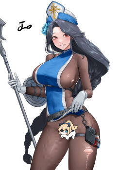 :3 arm_shield belt black_hair blonde_hair blue_eyes blush bodystocking bottomless bow braid braided_ponytail breasts censored character_censor clothes_lift commentary cowboy_shot cross cross_earrings doro_(nikke) earrings eyepatch flower frilled_thigh_strap gloves goddess_of_victory:_nikke guillotine_(nikke) guillotine_(winter_slayer)_(nikke) hair_bow hair_flower hair_ornament hat highres holding holding_staff horns ice_flower jewelry large_breasts long_hair looking_at_viewer maiden_(ice_rose)_(nikke) maiden_(nikke) multiple_girls no_panties noorung novelty_censor polearm ponytail potion pouch red_eyes simple_background single_wing smile staff strap thigh_strap torn_bodystocking torn_clothes tunic tunic_lift underbust very_long_hair weapon white_background white_gloves wings