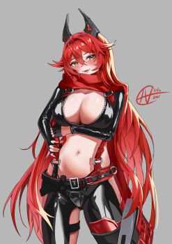 1girl :d absurdres arm_under_breasts belt between_breasts black_belt black_gloves black_jacket black_pants blush breasts cleavage clothing_cutout commentary cowboy_shot cropped_jacket crotch_plate dated double-parted_bangs fanchin fingerless_gloves gloves goddess_of_victory:_nikke grey_background hair_between_eyes hair_flaps highres hip_vent horns jacket large_breasts leather leather_jacket leather_pants leg_cutout long_hair long_sleeves looking_at_viewer mechanical_horns navel open_mouth pants red_hair red_hood_(nikke) red_scarf scarf sidelocks signature simple_background smile solo standing stomach strap_between_breasts suspenders teeth unzipped very_long_hair yellow_eyes zipper