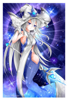 1girl blue_dress character_name clothing_cutout commentary_request dress duel_monster gloves grey_hair hat highres hip_vent jin_(az2492079) long_hair looking_at_viewer parted_lips silent_magician sparkle tabard white_gloves white_hat white_tabard wizard_hat yu-gi-oh!