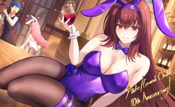 1boy 2girls alcohol animal_ears bar_(place) black_pants black_vest blue_hair bottle bow breasts cleavage closed_mouth collarbone cu_chulainn_(fate) cu_chulainn_(lancer)_(fate) cup detached_collar drinking_glass english_text eyebrows_hidden_by_hair facing_viewer fake_animal_ears fake_tail fate/grand_order fate/stay_night fate_(series) fishnet_pantyhose fishnets hair_between_eyes heart highres holding holding_cup large_breasts leaning_to_the_side leotard long_hair looking_at_another looking_at_viewer low_ponytail medb_(fate) multiple_girls open_mouth pants pantyhose pink_hair playboy_bunny ponytail purple_bow purple_hair purple_leotard rabbit_ears rabbit_tail red_eyes scathach_(fate) scathach_(piercing_bunny)_(fate) shelf smile sparkle strapless strapless_leotard tail thighs umirunie very_long_hair vest waiter white_leotard wine wine_bottle wine_glass