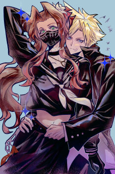 1boy 1girl absurdres aerith_gainsborough aerith_gainsborough_(midgard_seventh_high_school) arm_behind_head arms_around_waist bandaid bandaid_on_cheek bandaid_on_face belt black_belt black_choker black_gloves black_jacket black_mask black_sailor_collar black_shirt black_skirt blonde_hair blue_background blue_eyes brown_hair chain choker cloud_strife cloud_strife_(midgard_seventh_high_school) couple crop_top delinquent final_fantasy final_fantasy_vii final_fantasy_vii:_ever_crisis flower gakuran gloves green_eyes grey_neckerchief grose hair_flower hair_ornament hair_ribbon hashtag-only_commentary hetero highres jacket long_hair mask midriff mouth_mask neckerchief official_alternate_costume parted_bangs red_ribbon ribbon sailor_collar school_uniform shirt short_hair sidelocks skirt sparkle spiked_hair sukeban twintails white_flower