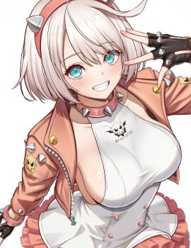 Rule 34 | 1girl, ahoge, black gloves, blue eyes, breasts, choker, commentary, daysss, dress, elphelt valentine, fingerless gloves, gloves, grin, guilty gear, guilty gear strive, highres, jacket, large breasts, looking at viewer, pink jacket, short hair, sideboob, smile, solo, spiked choker, spikes, white dress, white hair