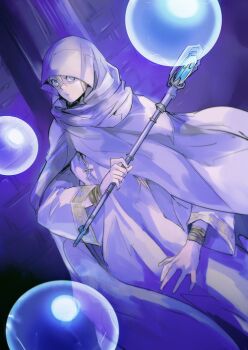 1girl blonde_hair blue_eyes castlevania_(series) castlevania_iii:_dracula's_curse cloak closed_mouth cross cross_necklace grel_(r6hgvu5) holding holding_staff hood hooded_cloak jewelry looking_at_viewer necklace robe short_hair solo staff sypha_belnades