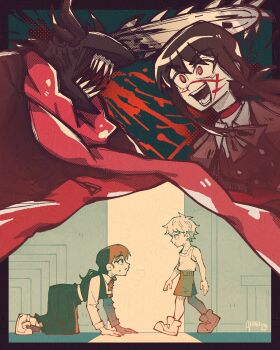 2boys 2girls absurdres adversarial_noise aged_down akaiguarts all_fours black_cloak black_dress black_hair blood chainsaw chainsaw_devil chainsaw_man cloak denji_(chainsaw_man) dress facial_scar fourth_east_high_school_uniform grey_shorts highres intestine_clothing long_hair mitaka_asa multiple_boys multiple_girls open_mouth pinafore_dress red_eyes scar scar_on_cheek scar_on_face scar_on_nose school_uniform severed_head sharp_teeth shorts sleeveless sleeveless_dress tank_top teeth white_tank_top yoru_(chainsaw_man)