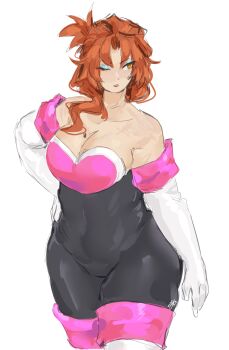 1girl bare_shoulders blue_eyeshadow breasts cleavage cloud_ya cosplay cowboy_shot elbow_gloves eyeshadow gloves highres honkai_(series) honkai_impact_3rd large_breasts long_hair makeup murata_himeko one_eye_closed orange_eyes orange_hair parted_lips red_lips rouge_the_bat rouge_the_bat_(cosplay) simple_background solo sonic_(series) standing strapless_bodysuit white_background white_gloves