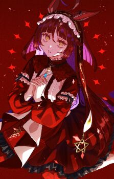 1girl ahoge animal_ears blunt_bangs blunt_ends blunt_sidelocks brown_headdress dress frilled_hairband frills hair_between_eyes hairband highres horse_ears horse_girl horse_tail jagaimobeniko long_hair long_sleeves looking_at_viewer own_hands_clasped own_hands_together pantyhose red_background red_desire_(umamusume) red_dress red_hair red_hairband red_headdress red_veil sidelocks solo star_ornament tail umamusume veil white_pantyhose yellow_eyes