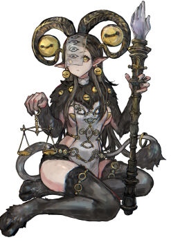1girl absurdres animal_ears black_nails breasts disembodied_eye elden_ring elden_ring_nightreign extra_eyes forehead genderswap genderswap_(mtf) goat_ears goat_horns goat_legs goat_tail grey_hair highres holding holding_scale horizontal_pupils horns libra_(elden_ring) looking_at_viewer monster pointy_ears sabamiso_taro simple_background sitting solo staff tail weighing_scale yellow_eyes