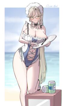 1girl absurdres ade_(nikke) alternate_costume alternate_hairstyle bare_shoulders beach black_bow blonde_hair blue_one-piece_swimsuit blush bow bow_choker breasts can choker cleavage closed_mouth clothing_cutout collarbone commentary drink_can frilled_one-piece_swimsuit frills glasses goddess_of_victory:_nikke green_eyes hair_between_eyes highres holding holding_tray ko_uniii large_breasts looking_to_the_side maid maid_headdress maid_one-piece_swimsuit navel ocean one-piece_swimsuit ponytail sidelocks soda_can solo standing standing_on_one_leg stomach stomach_cutout swept_bangs swimsuit tray unconventional_maid white_one-piece_swimsuit wrist_cuffs
