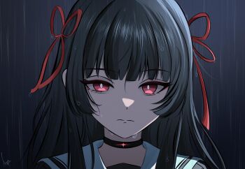 abysssian black_choker black_hair chainsaw_man chisa_(wuthering_waves) choker closed_mouth commentary english_commentary hair_ribbon highres long_hair looking_at_viewer portrait rain red_eyes red_ribbon reze's_eye_twitch_(chainsaw_man) ribbon sailor_collar scene_reference signature white_sailor_collar wuthering_waves