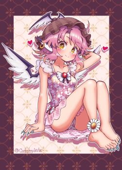 1girl absurdres ankle_flower barefoot bird_wings blue_nails blush border bow brooch brown_hat carbohydrate_(asta4282) casual_one-piece_swimsuit collarbone commentary_request drop_shadow earrings feathered_wings fingernails flower gold_earrings hand_in_own_hair hat heart highres jewelry long_fingernails long_toenails medium_hair mystia_lorelei nail_polish one-piece_swimsuit patterned_background pink_background pink_hair pink_one-piece_swimsuit purple_border see-through_clothes see-through_sleeves sharp_toenails sitting smile solo swimsuit toenail_polish toenails touhou unmoving_pattern white_bow wing_hat_ornament wings yellow_eyes