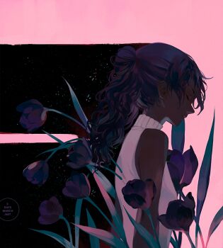 1girl bare_arms bare_shoulders black_flower black_hair black_tulip brown_flower closed_eyes closed_mouth commentary dark-skinned_female dark_skin english_commentary expressionless eyelashes flower flower_request from_side glitter hair_bun loika long_hair original pink_background ponytail purple_flower shirt simple_background single_hair_bun sleeveless sleeveless_shirt solo tulip turtleneck upper_body very_dark_skin watermark wavy_hair white_shirt