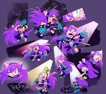 6+girls absurdres black_hairband concert drawloverlala fang furry furry_female gloves green_eyes hairband highres holding holding_microphone long_hair microphone microphone_stand mina_mongoose multiple_girls music singing skirt sleeveless sleeveless_jacket sonic_(series) sonic_the_hedgehog_(archie_comics) spotlight star_(symbol) star_print