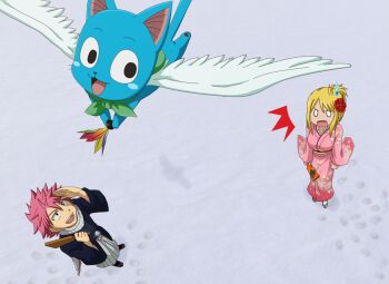 Rule 34 | 1boy, 1girl, ^^^, bad id, bad pixiv id, bluesnowcat, fairy tail, hakama, hakama skirt, hanetsuki, haori, happy (fairy tail), japanese clothes, kimono, lucy heartfilia, natsu dragneel, new year, paddle, skirt, smile, sweatdrop, wings