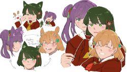 Rule 34 | 3girls, ^ ^, absurdres, animal ears, arrow (symbol), blunt bangs, blunt ends, brown dress, cerise bouquet, cheek pinching, closed eyes, commentary, cropped head, cropped torso, crossed bangs, dress, english text, flower, flower knot, green eyes, green hair, grin, hair bun, hair flower, hair ornament, hand on another&#039;s cheek, hand on another&#039;s face, hasu no sora school uniform, heart, highres, hinoshita kaho, holding, holding phone, kemonomimi mode, kepitingtiga, link! like! love live!, long hair, long sleeves, love live!, medium hair, momose ginko, multiple girls, multiple views, neckerchief, open mouth, orange hair, otomune kozue, phone, pinching, profile, purple hair, rabbit ears, rabbit hair ornament, red flower, red neckerchief, sailor collar, school uniform, short hair, side ponytail, sidelocks, simple background, single side bun, smile, speech bubble, spoken heart, sweatdrop, tail, teeth, two side up, upper teeth only, virtual youtuber, white background, white sailor collar, winter uniform, wolf ears, wolf tail, yellow neckerchief