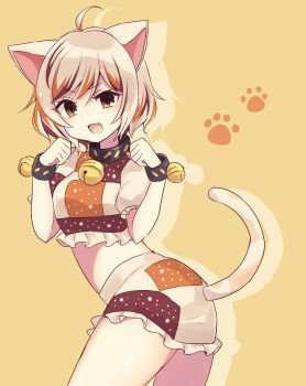1girl absurdres ahoge animal_ears bell calico_(pattern) cat_ears cat_girl cat_tail cowboy_shot crop_top fang gesture goutokuji_mike highres jingle_bell maneki-neko midriff multicolored_hair multicolored_shirt multicolored_skirt multicolored_tail neck_bell orange_eyes patch patchwork_clothes paw_pose paw_print paw_print_background short_hair skirt streaked_hair subaru_(subachoco) tail touhou white_hair yellow_background
