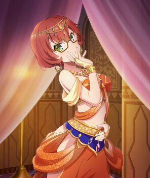 1girl :o arabian_clothes bandeau blue_gem bob_cut breasts brown-framed_eyewear circlet clothing_cutout cowboy_shot curtains double-parted_bangs earrings from_side game_cg gem glasses gold_circlet green_eyes hand_on_own_face harem_pants hip_vent indoors jewelry large_breasts looking_at_viewer navel official_art orange_bandeau pants parted_lips purple_gem red_gemstone red_hair short_hair solo stomach third-party_source toji_no_miko toji_no_miko:_kizamishi_issen_no_tomoshibi watanabe_emily yellow_gem